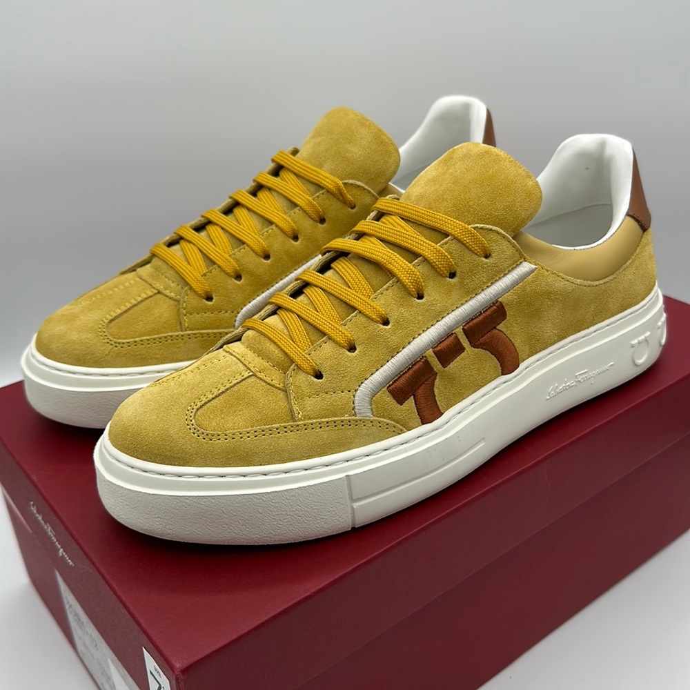 Salvatore Ferragamo Borg 12 Mustard Yellow Suede Sneakers Men’s Size 7.5 NIB - Picture 1 of 7
